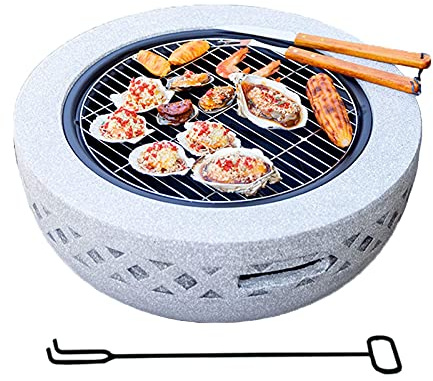 ZJFHEYUO Feuerschale Feuerstelle 60 cm mit Grillrost mit Einfassung aus Kunststein