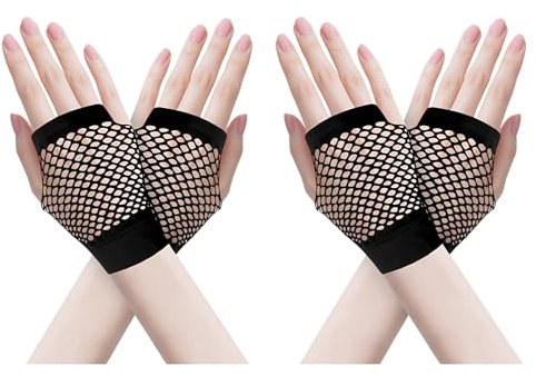ZTVOWTO 2 Pares Guantes de Rejilla Sin Dedos, de Los Años 80 y 90, Ideales para Halloween, Navidad, Fiestas de Disfraces y Cosplay(Negro)