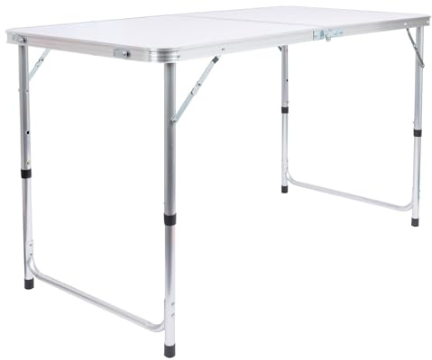 Harbour Housewares 120cm (4ft) Height Adjustable Aluminium Folding Picnic Table - White - 1x 4-Seater Foldable Portable Outdoor Garden Patio Camping BBQ Dining Trestle Furniture