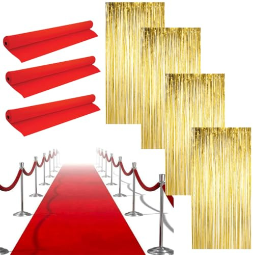 LOVETRENDS Hollywood-Party-Dekorationsset – 3 x rote Teppichläufer, 4 x goldene Folienvorhänge – Roter Teppich, Events, Oscar-Partys, Filmpremiere, Feiern, Party-Dekor