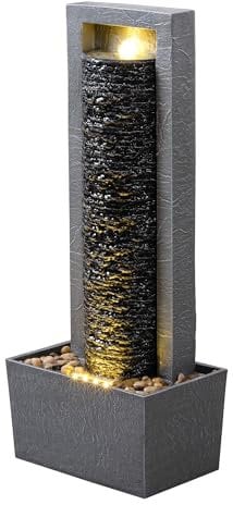 Teamson Home Garden Outdoor Water Feature Tall Waterfall Water Fountain With Warm LED Lights Layered Rock Design Dark Grey