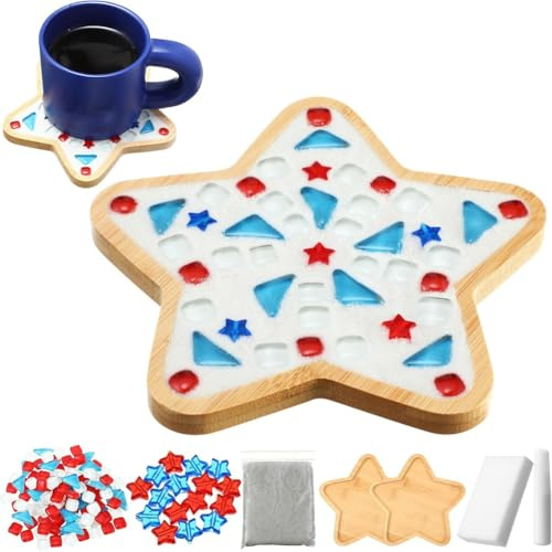 Koolenry 2 Sets DIY Glass Mosaic Tiles Red White Blue Gift for Adults Patriotic Handmade Home Decoration