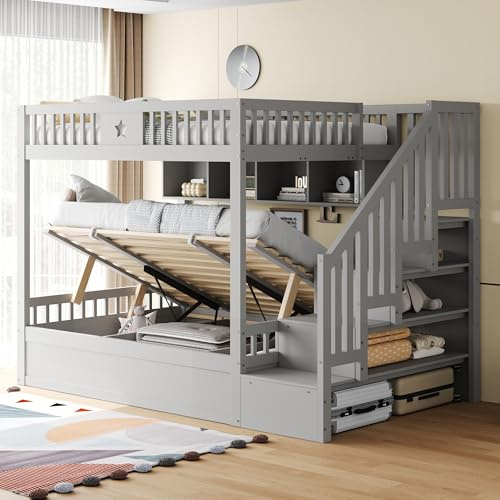 Merax Etagenbett 140x200 cm, Jugendbett mit hydraulischem Unterbett, Stauraumtreppe, Regale, Massivholz Kinderbett, Grau (ohne Matratze)