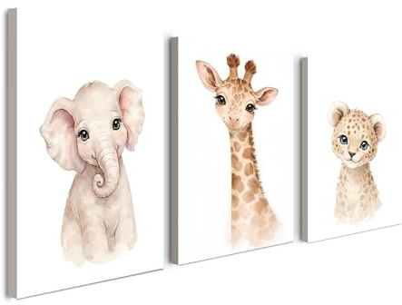 Alptiny Set 3er Leinwandbilder mit Rahmen 30x40 cm – Süße Safari Tiere Bilder Kinderzimmer, Elefant Giraffe Leopard Animal Print, Leinwandbild Wanddeko mit Klettverschluss und Haken