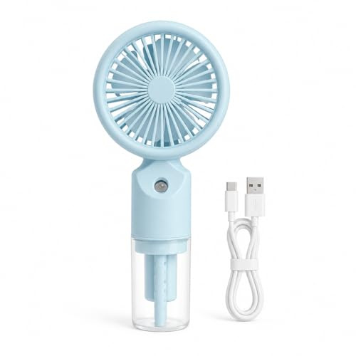 Mini Ventilador Portátil con Pulverizador de Agua, Ventilador de Mano Recargable USB-C con Depósito 25 ml, 3 Velocidades, Batería 500 mAh, Ventilador Pequeño Silencioso para Viaje Oficina Playa