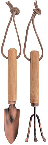 Esschert Design Verkupferte Minitools Schippe und Harke, mit Holzgriff und Hängeöse