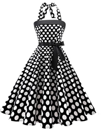Timormode Damen Vintage Cocktailkleid Knielang Neckholder Swing Retro Rockabilly Kleid | Gepunktete und einfarbige Stile, Audrey Hepburn Kleider, A-Linie, Retro-Cocktailkleid, Teeparty und Hochzeitsgäste