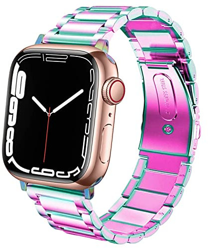 DEALELE Bands Compatible with iWatch 42mm 44mm 45mm 49mm, Solid Stainless Steel Metal Strap Replacement for Apple Watch Series 8 / Ultra / 7 / SE / 6/5 / 4/3 Women Men, Rainbow