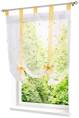 Raffrollo mit Stickerei Band Raffgardinen Voile Transparent Schlaufen Vorhang (BxH 120x140cm, Gelb)