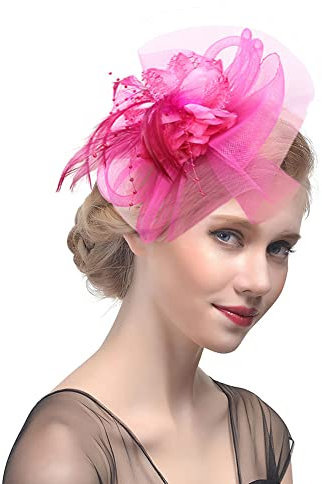 LONTG Bibi Mariage Femmes Dames Chapeau Plume Rétro Petit Chapeau de Cérémonie Banquet Soirée Bandeau Coiffure de Marié Demoiselle d'honneur Fascinator Voilette en Maille de Halloween Carnaval