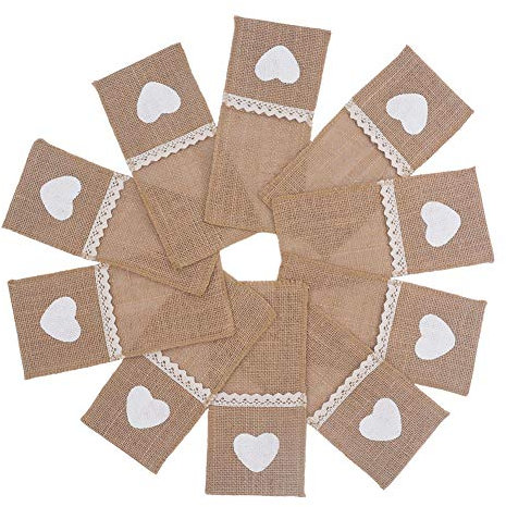 SCF2017 10Pcs Hessian Burlap Cutlery Holder Pouch Wedding Party Table Decor(heart)