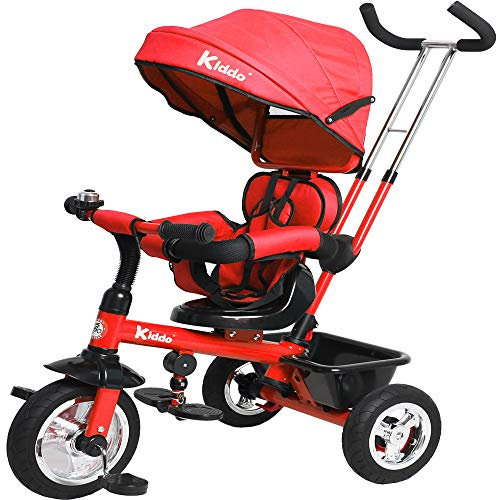 Kiddo Smart 4 in 1 Kids Children Trike Tricycle with Rotating Seat, Rear Brake and Sun Canopy (Red)