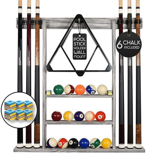 BILLIARDS XPRESS Pool-Queue-Rack – Poolstock-Halter Wandhalterung mit 16 Kugelhaltern & 6 Stück Kreide – Gummi-Kreispads & große Clips verhindern Schäden – Billardtisch-Zubehör für Männerhöhle (Grau)