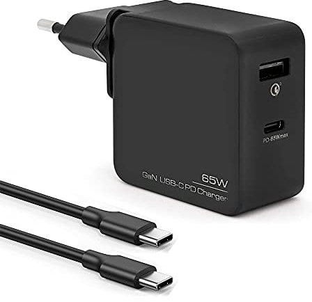 BLUESTORK Chargeur Rapide 65W Gan Tech 2 Ports USB C/USB + Cable de Charge Rapide 1,8m, Prise EU/US, Compatible MacBook Pro, USB C Laptops, iPad, iPhone, Samsung Galaxy, Huawei, Switch (Noir)