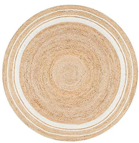 DNR Jute-Teppich, indische Naturfaser, weiße Bordüre, 90 x 90 cm, rund, Braun