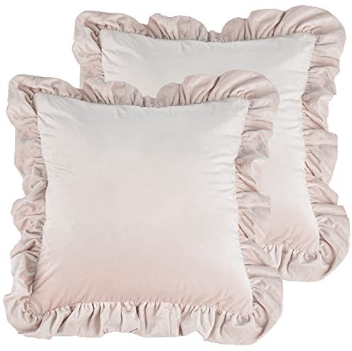 Jemiipee Dekorative Kissenbezug aus Samt 2er Set Einfarbig Kissenhülle Sofa Büro Decor Kissenbezüge Shabby Chic Samtkissenbezug mit Rüschen 30x50 cm für Dekokissen Sofakissen Couchkissen, Hell-Pink