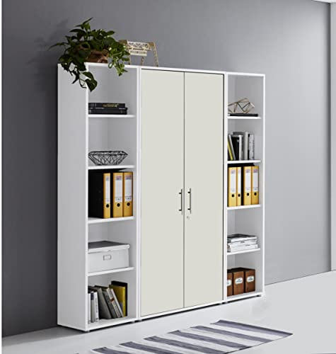 abschliessbare Regalwand Aktenschrank Büroschrank Schrankwand Büromöbel Regal Office Edition in Weiß/Weiß Matt (Set 3)