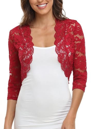 MISS MOLY Mujer Bolero Encaje Chaqueta Festiva Corto Cardigan Manga 3/4 Cardigan Para Boda Vestido de Cóctel, rojo, 40-42