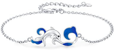 Delphin Welle Armband 925 Sterling Silber Verstellbar Delphine Armband mit Blau Wave Meer Tier Delfin Schmuck für Damen Mädchen 7 + 2 in