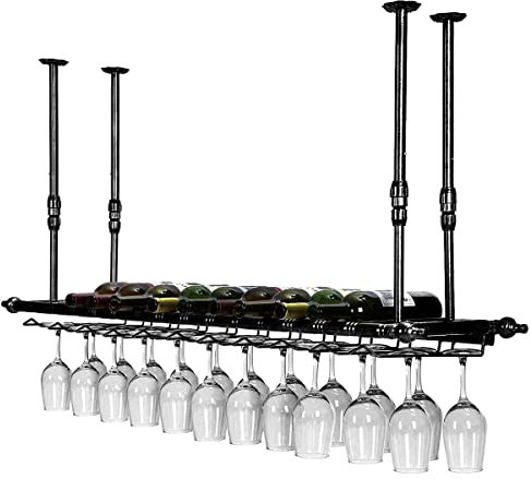LYPGA Wine Glass Rack, Hanging Wine Holder, Vintage Bottle Holder, Ceiling Decoration - Adjustable, for Kitchen & Bars - Fixings Included (Black, 120cm x 30cm)