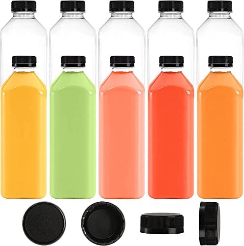 Jucoan 10 Pack 1000ml Plastic Juice Bottles with Black Cap, Clear Reusable Containers with Lids, Great Disposable Bottles for Making Juice, Milk, Salad Dressing, Smoothie and Other Beverages
