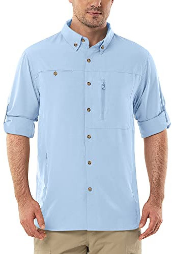 Outdoor Ventures Men's Long Sleeve Safari Shirt UV Protection Hiking Shirts Quick Drying Roll-Up Button Down Shirts with 3 Pockets for Walking Fishing Light Blue XL