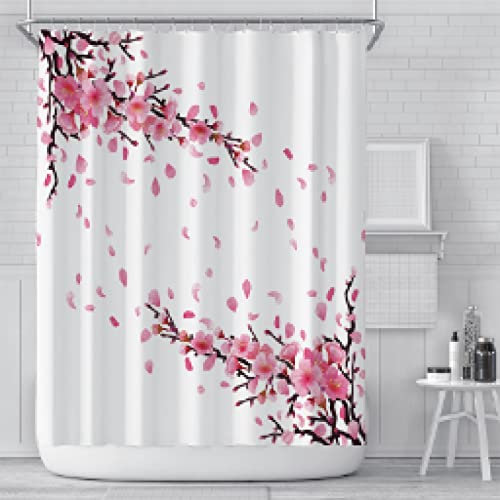 YTITILUCK Rideau de Douche Fleur de Cerisier Rose Fond Blanc Fille Salle de Bain écran en Tissu Polyester décor de Fleurs de pêcher 90x200cm (WxL) Rideau de Douche