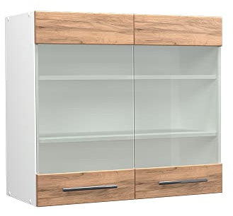 Vicco Küchenglasschrank Fame-Line, Glashängeschrank, Goldkraft Eiche/Weiß, 80 cm