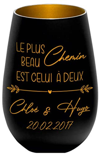 Photophore en Verre - Personnalisable -Noir/Or - Le Plus Beau Chemin est celui à Deux -Gravure Noms - Amour - Saint Valentin - Anniversaire Mariage Partenaire