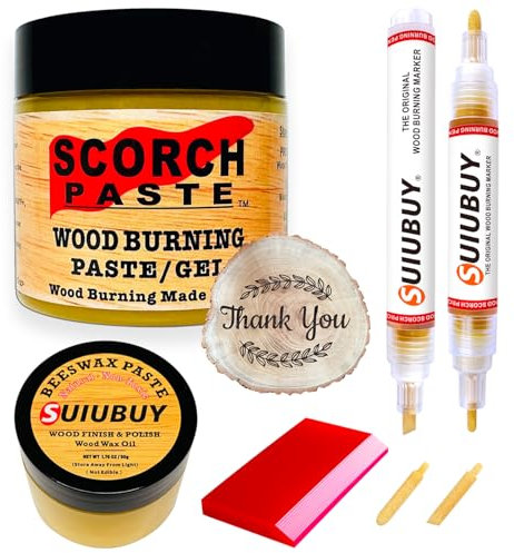 Scorch Paste - 7 PCS Wood Burning Paste Pen Kit, with 2 PCS Wood Burn Pen Kit, 1 Jar Beeswax Paste and Squeegees Etc., Suitable for Beginners Handmade Meaningful DIY Gifts