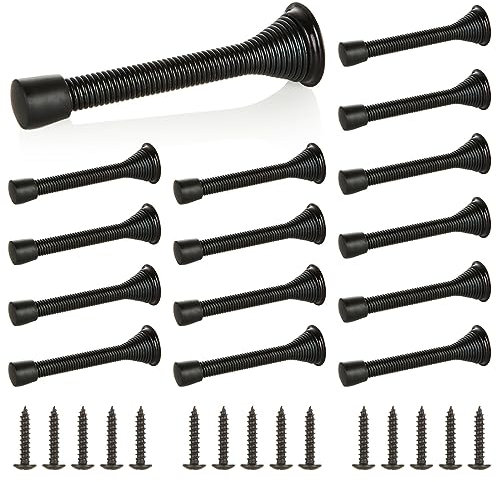 APACALI 15 PCS Spring Door Stop 85mm, Metal Door Stoppers with Screws and Base Plate, Spring Door Stop Long, Door Stoppers for Skirtings, Black Spring Door Stop for Protect Walls and Doors