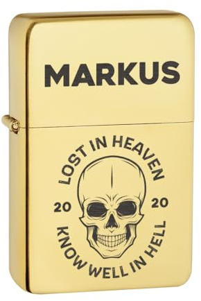 polar-effekt Sturmfeuerzeug personalisiert im Totenkopf-Stil, Goldoptik | Benzinfeuerzeug für erwachsene Rock- und Gothic-Fans, als persönliches Geschenk zum Geburtstag oder zu Weihnachten.