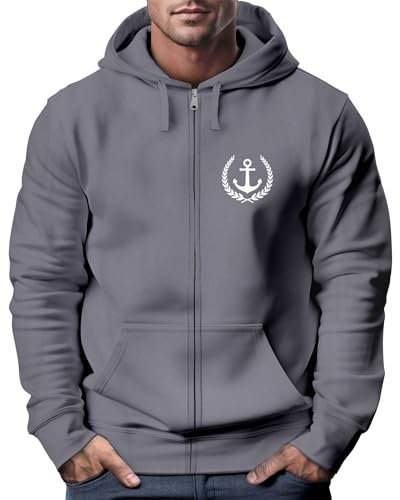 Neverless® Herren Sweatjacke mit Kapuze Zip-Hoodie Motiv Anker Meer Boot Männer Fashion Streetstyle Convoy Grey XXL