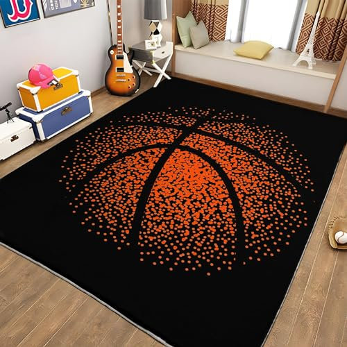 Schwarz Teppich 80 x 150cm Basketball-Doodle Kinder Teppich Dekoration Schlafzimmer Kinderzimmer Wohnzimmer, Modern rutschfest Waschbar Flanell Kinderteppiche Heimdekoration