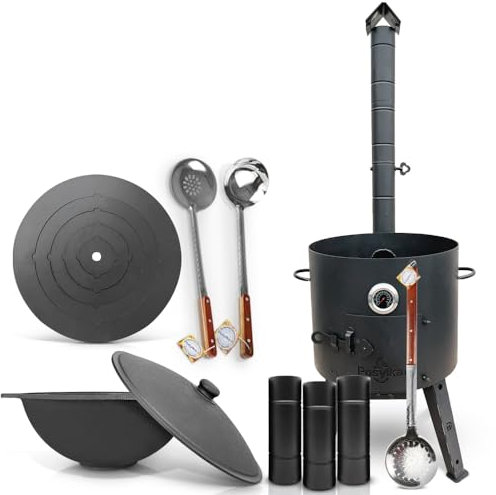 Feuerofen Ø 44cm Herdplatte Ø48 cm Kazan Ø 46,5 cm (16 L) flacher Boden Thermometer Schornsteinverlängerung Schaumlöffel Schopfkelle 48 cm Schaumlöffel 64 cm (Set - 571)