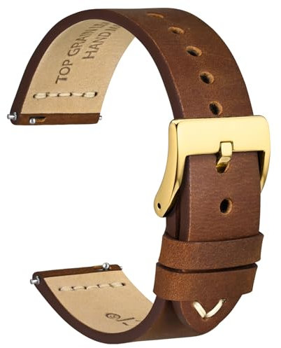 WOCCI 18mm Antikes Uhrenarmband für Herren, Sattelleder, Goldener Schnalle (Karamellbraun)