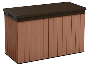 Keter Darwin Gartenbox 662L Braun – Wetterfeste Outdoor Aufbewahrungsbox in Holzoptik, abschließbarer Deckel mit Hydrauliksystem, UV-geschützt, wartungsfrei, Sitzgelegenheit für 2 Personen