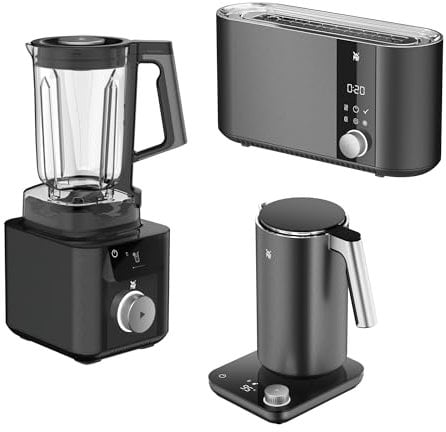 WMF Set 3-teilig Master Toaster Langschlitz motorisiert, Toaster 2 Scheiben und Master Wasserkocher doppelwandig, Edelstahl, 1,3l und Master Hochleistungsmixer, Standmixer mit Mixbehälter 1,75l