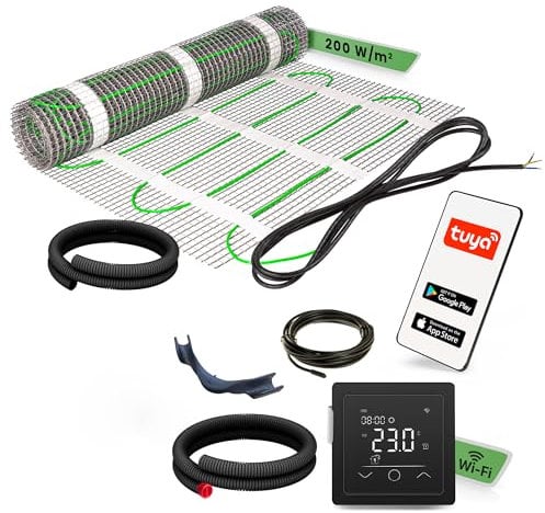 EH Expert EcoPRO Heizmatten Set | 200 W/m² | 12 m² | Elektrische Fußbodenheizung - für Fliesen, Naturstein, Teppich, Vinyl und Laminat, inkl. Installationsmaterial, mit WLAN Touchthermostat (Schwarz)