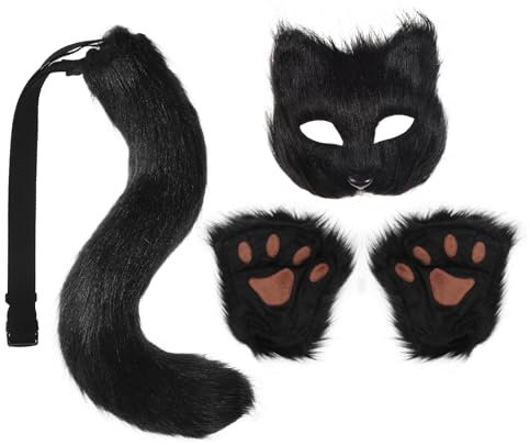 HonGien Cosplay Fox Set, Fuchs-Maske Cosplay Kostüm, Plüsch Kralle Handschuhe Fuchsschwanz Cosplay Set für Halloween, Weihnachten, Karneval Party (Schwarz)
