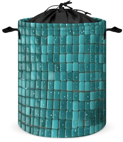 Robuster Wäschekorb, türkis, kleine Punkte, Fliesen, faltbar, leicht und tragbar, Wäschesack mit Kordelzug, perfekt für den Heimgebrauch