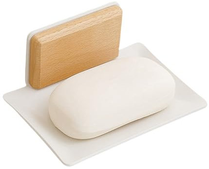 Pasdrucn Seifenhalter Ohne Bohren Edelstahl Selbstklebend, Seifenhalter Dusche, Seifenschale Wandmontage Ohne Bohren Aus Holz, Wandmontage 'Seifenablage Für Badezimmer Küche Balkon (Weiß)