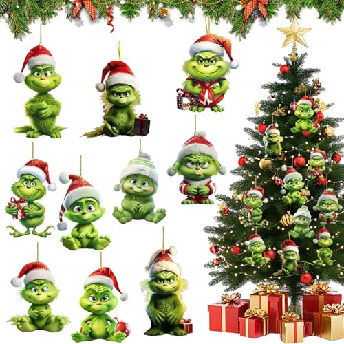 Aoiuenok Grinchs Weihnachtsbaumschmuck, 10 Stück Grinch Hängende Ornament, WeihnachtsanhäNger Grinch, für Zuhause, Urlaub, Party, Feiertage