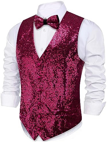 Barry.Wang Set di gilet da uomo con paillettes lucide, papillon, vestito casual scintillante, per festival, discoteca, feste, balli, Rosa acceso, XXL