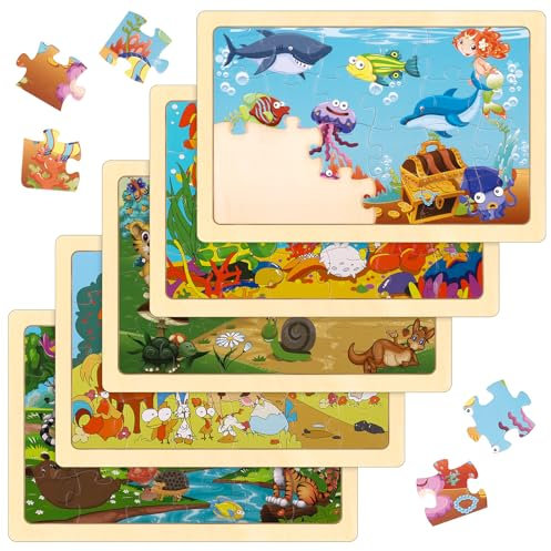 Kaisibum Wooderma Tiere Puzzle, 5x24 Teilen Kinder Tier Holzpuzzle ab 3 4 5 Jahre, Kinderpuzzle Holzpuzzle Kinderspielzeug Vorschule Lehrreiches Spielzeug für Mädchen Jungen