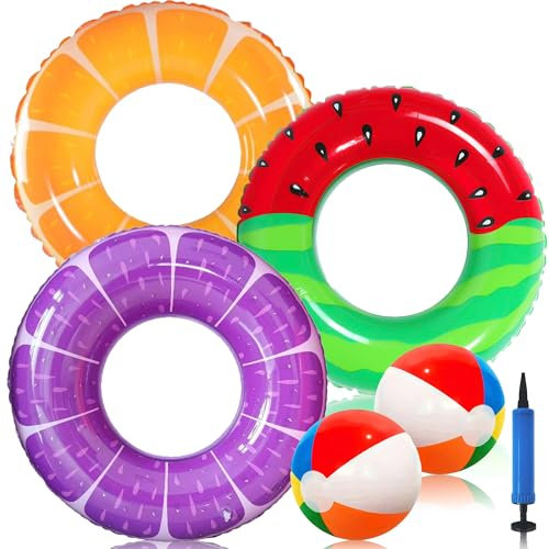 Chennyfun 5 Stück Pool Spielzeug Kit, Aufblasbare Frucht Schwimmringe 90 cm und Wasserball mit Inflator, Schwimmreifen für Schwimmbad Wasser Strand Pool Party Spielzeug für Kinder Erwachsene