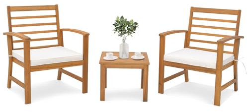 Set bistrot da esterno in legno di acacia con tavolino e cuscini per balcone, prato, cortile o bordo piscina