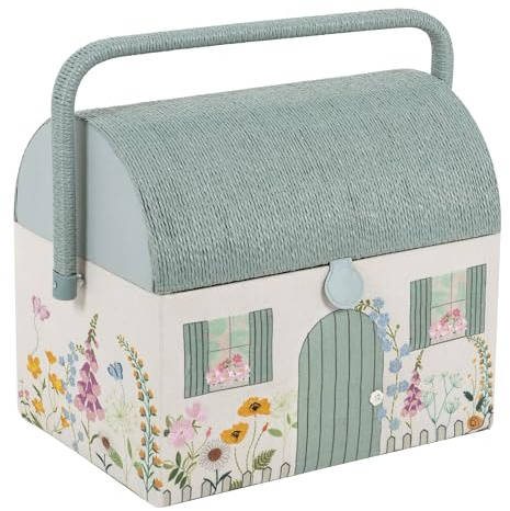 Hobby Gift Bestickter Nähkasten – Blumenmuster im Landhausstil, Dach und Griff aus Korbgeflecht, inkl. Kunststoffschale im Inneren mit Fächern für kreative Bastler – 21 x 30 x 26 cm