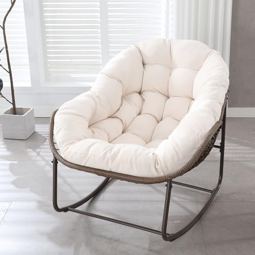 Romanbin Schaukelstühle 1PCS – Moderner Außengarten-Rocker mit Dicker Polsterung, Oversized Rattan Ei-Schaukelstuhl für Balkon, Terrasse, Garten, Innen & Außenbereich, Weiß