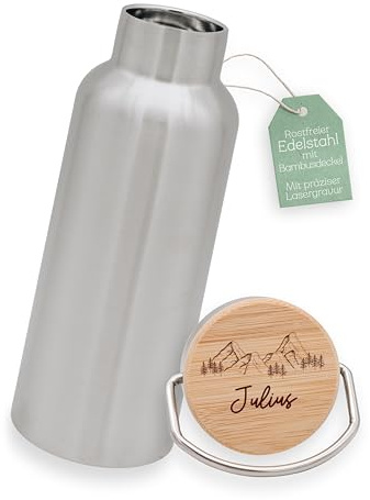 Abenteuernah Edelstahl Flasche personalisiert, Personalisierte Trinkflasche | Wasserflasche Erwachsene, Holzdeckel Berge, Fahrrad, Wander Thermosflasche mit Namen Kinder, auslaufsicher, Sport, Wandern